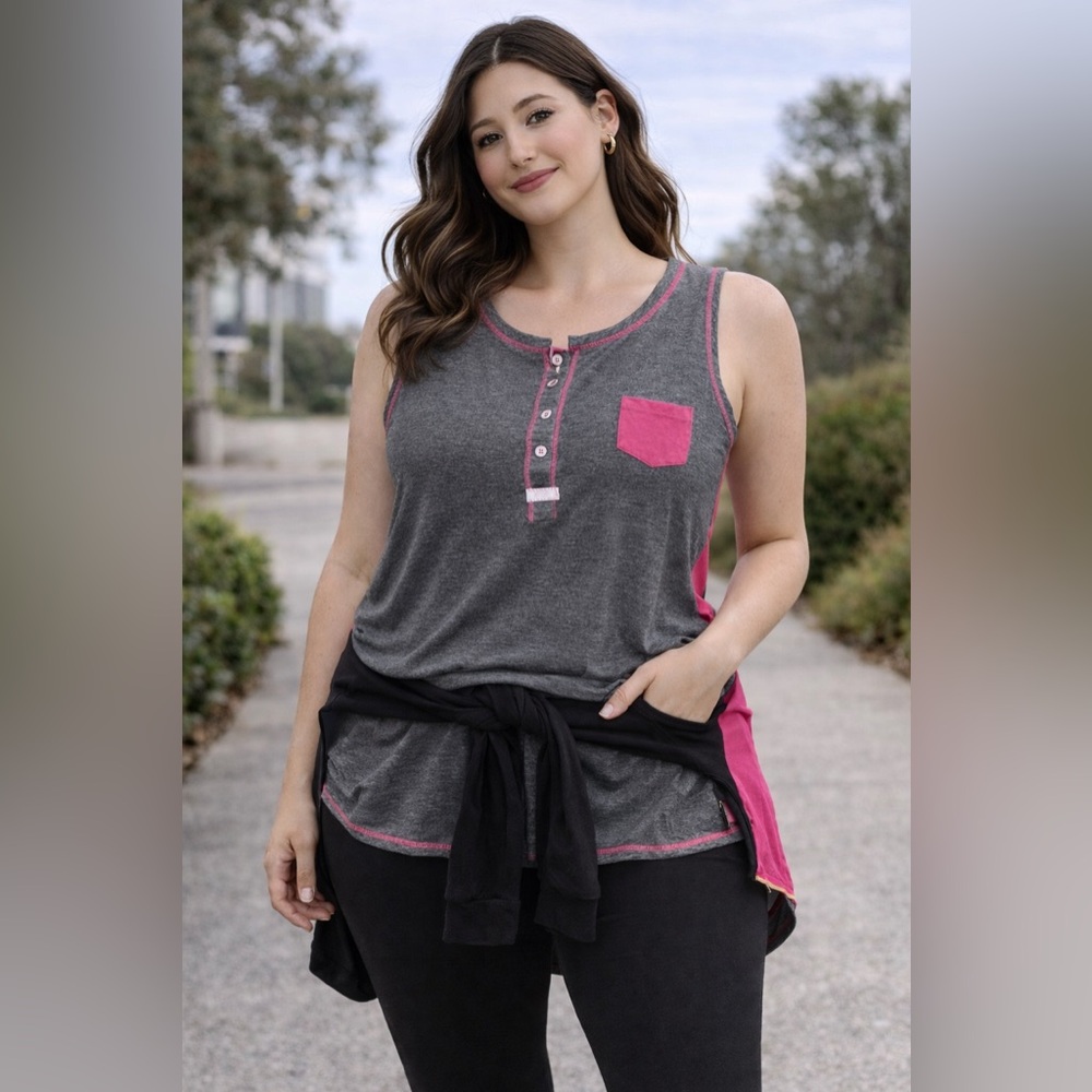 Kensie Gray & Pink Henley Tank Top XL Sleeveless Casual Shirt